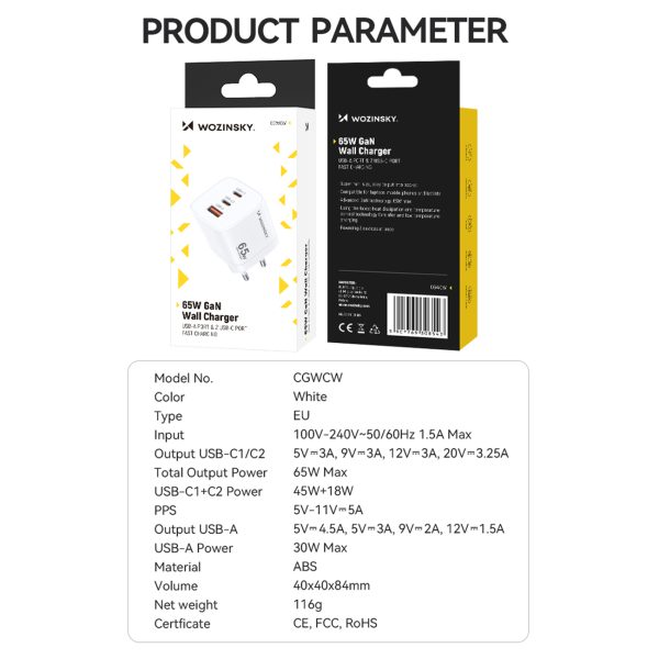 GAN 65W 100-240V USB-A 2X USB-C baltais lādētājs