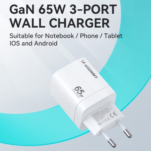 GAN 65W 100-240V USB-A 2X USB-C baltais lādētājs