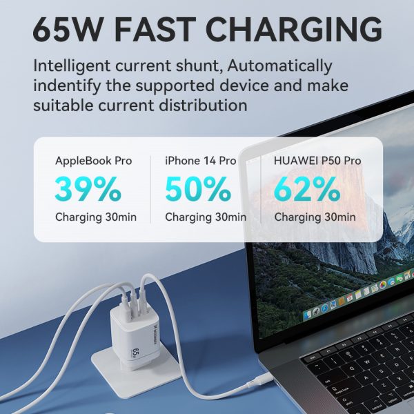 GAN 65W 100-240V USB-A 2X USB-C baltais lādētājs
