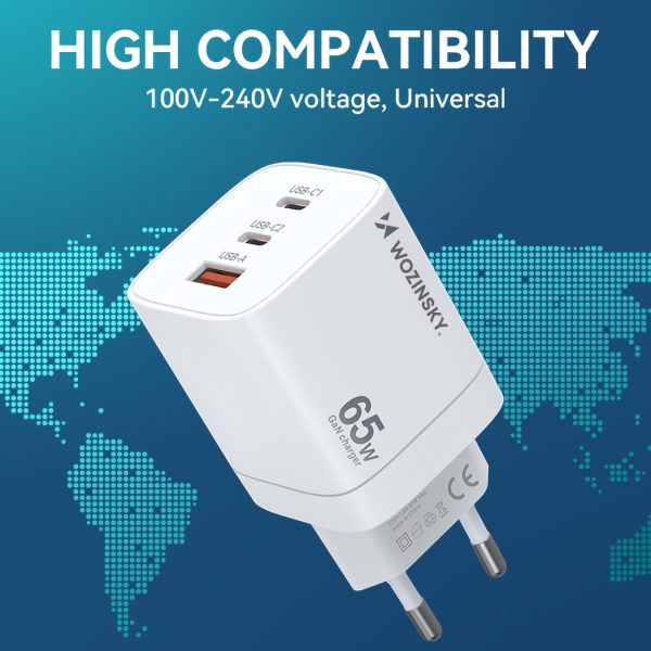 GAN 65W 100-240V USB-A 2X USB-C baltais lādētājs