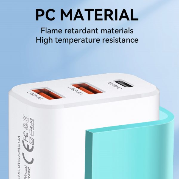 Tīkla lādētājs 100-240V 30W USB-C 2X USB-A White