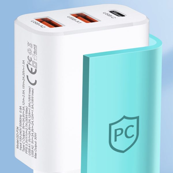 Tīkla lādētājs 100-240V 30W USB-C 2X USB-A White