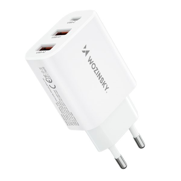 Tīkla lādētājs 100-240V 30W USB-C 2X USB-A White