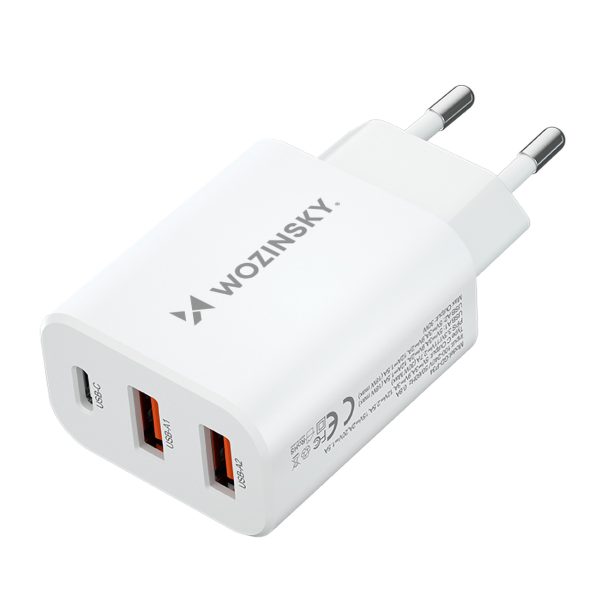 Tīkla lādētājs 100-240V 30W USB-C 2X USB-A White
