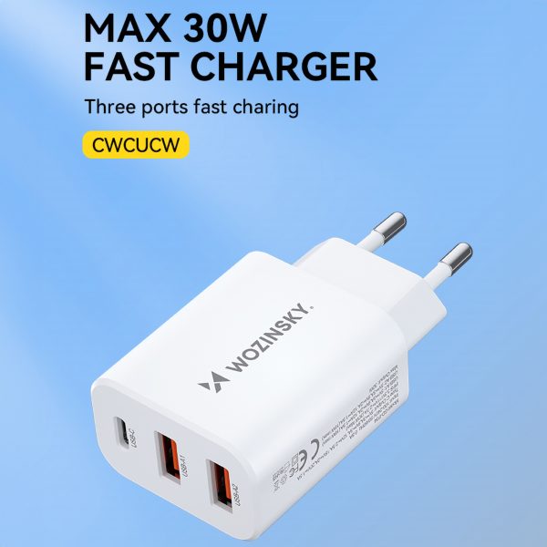 Tīkla lādētājs 100-240V 30W USB-C 2X USB-A White