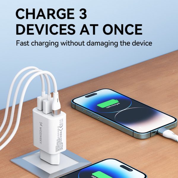Tīkla lādētājs 100-240V 30W USB-C 2X USB-A White