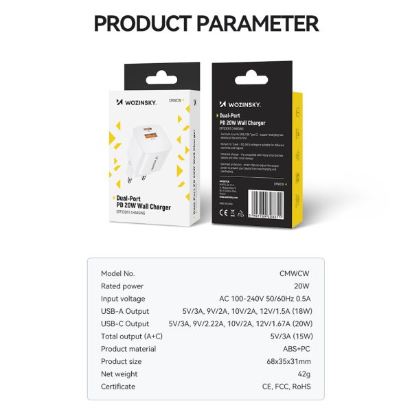 PD QC 3.0 100-240V 20W USB-C USB-A Network Charger
