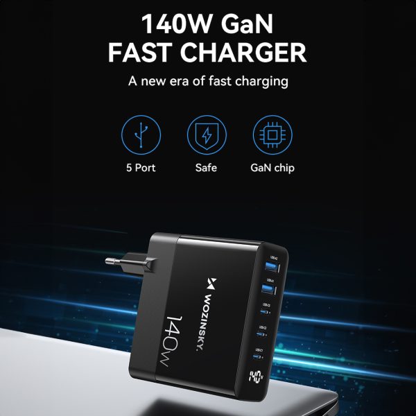 100-240V GAN 140W 3X USB-C / 2X USB-A tīkla lādētājs