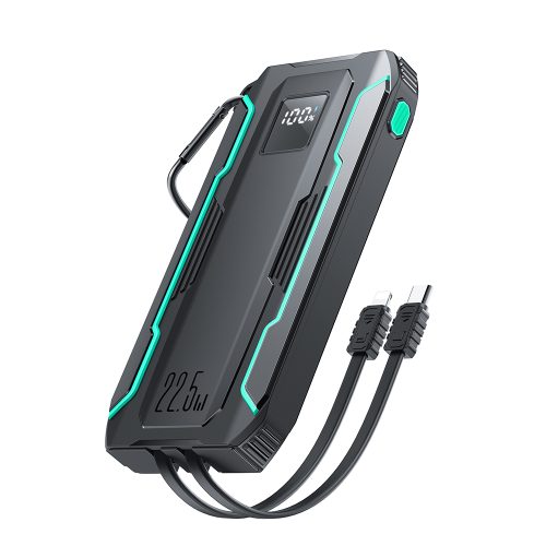 Āra 1000mAh bezceļa PowerBank ar iebūvētu USB-C un zibens melniem kabeļiem