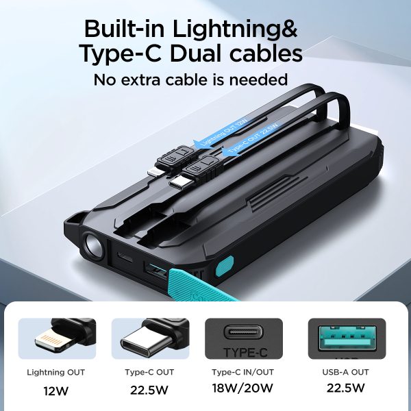 Āra 1000mAh bezceļa PowerBank ar iebūvētu USB-C un zibens melniem kabeļiem