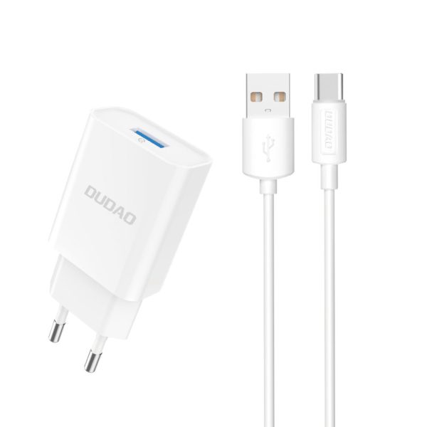 USB-A 2.1A 10W tīkla lādētājs ar USB-A-USB-C balto kabeli