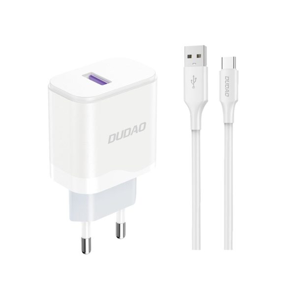 USB-A 18W tīkla lādētājs ar USB-A-USB-C balto kabeli