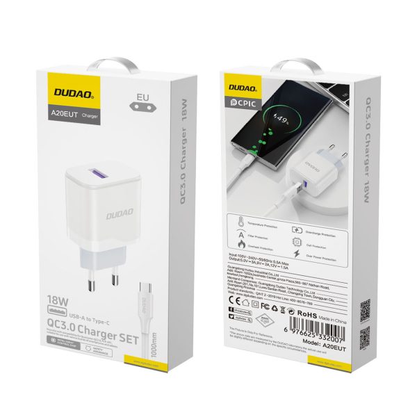 USB-A 18W tīkla lādētājs ar USB-A-USB-C balto kabeli