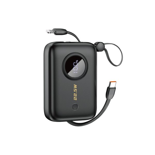 PowerBank 1000mah ar USB-C / Lightning Black kabeļiem