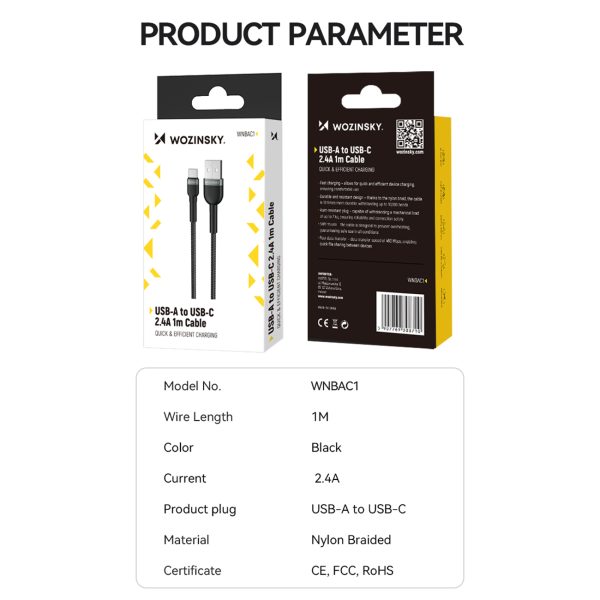 Kabeļa kabelis USB-A BRAID-USB-C 2,4A 2M melnā krāsā