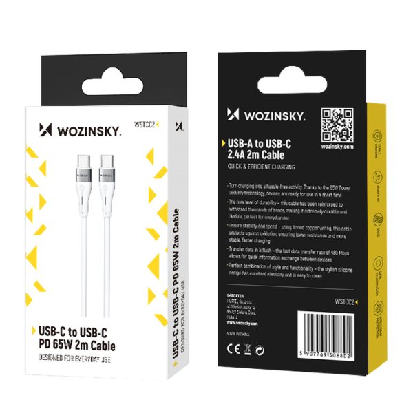 Izturīgs elastīgs kabelis USB-C kabelis-USB-C PD 65W 2m balts