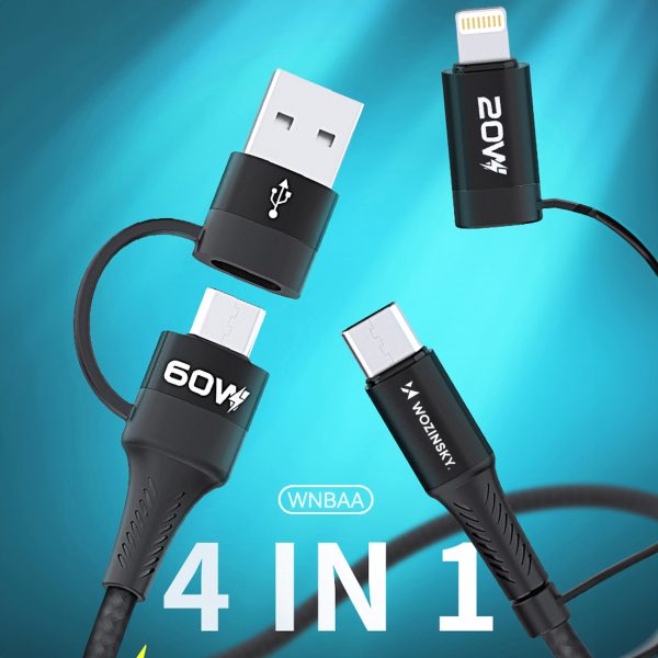 4in1 Universal Cable 2x USB-C 1X USB-A 1x Lightning 60W 1M Black
