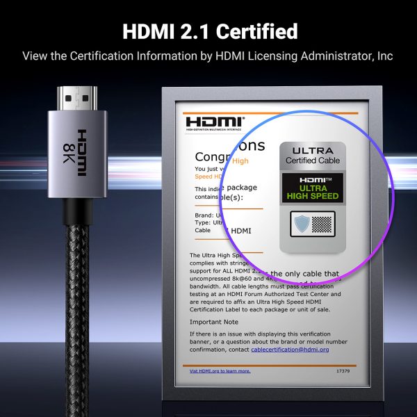 HDMI 2.1 8K kabeļa kabeļa sertificēts īpaši ātrgaitas 1m pelēks
