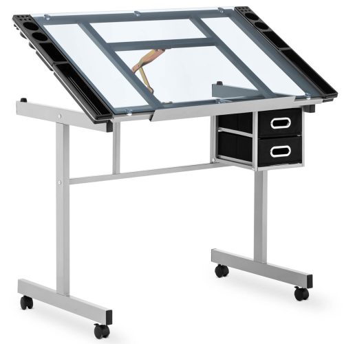 Galda mobilais stikla krājuma galds ar atvilktnēm 104x60 cm skicēšanas zīmēšanai
