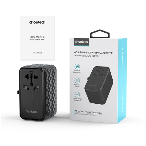 Adaptera ceļojumu lādētājs ES / US / AUS / UK 2X USB-C 2X USB-A 100W-Black