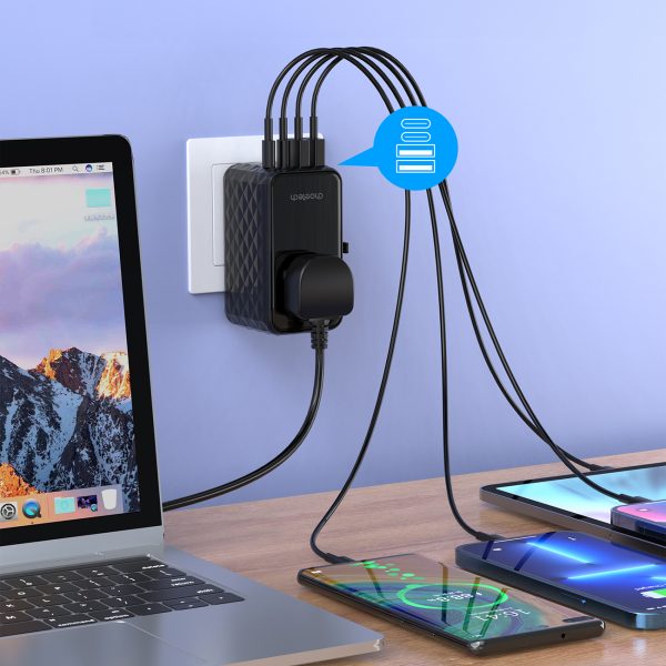 Adaptera ceļojumu lādētājs ES / US / AUS / UK 2X USB-C 2X USB-A 100W-Black