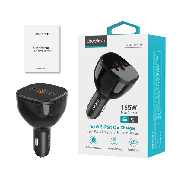 Automašīnu lādētājs 160W 2x USB-C PD 3.1 1x USB-A-Black