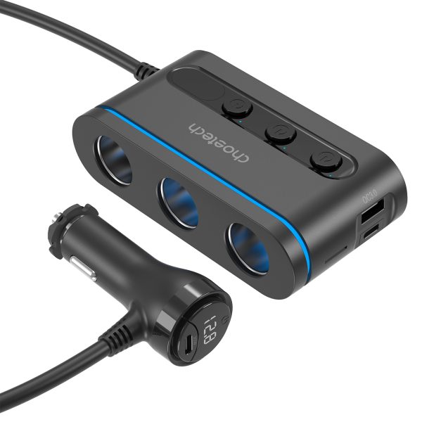 Automašīnas lādētājs + 3x šķiltavas ligzda 2X USB-C PD 1X USB-A QC-Black