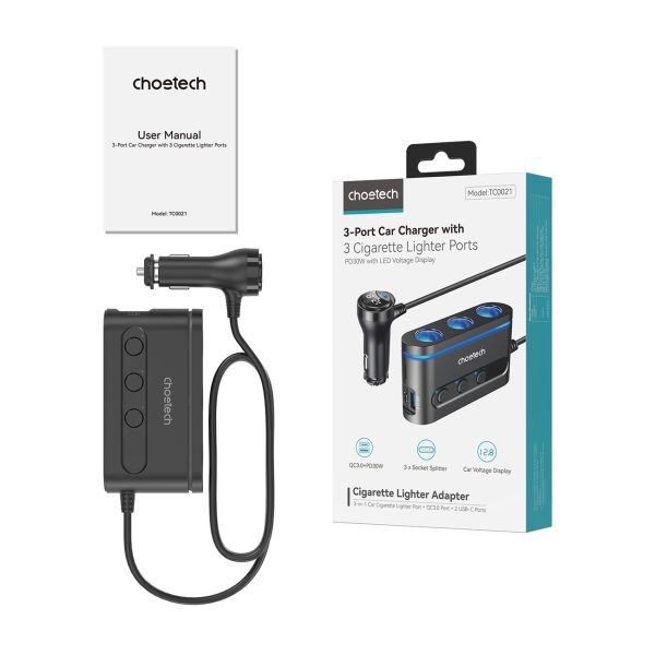 Automašīnas lādētājs + 3x šķiltavas ligzda 2X USB-C PD 1X USB-A QC-Black