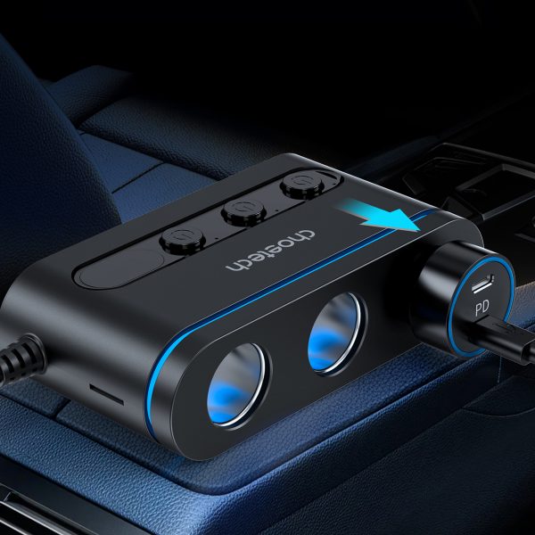 Automašīnas lādētājs + 3x šķiltavas ligzda 2X USB-C PD 1X USB-A QC-Black