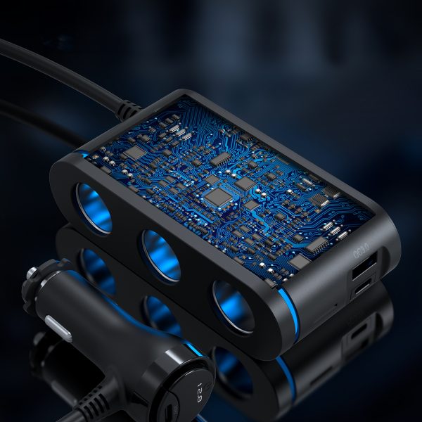 Automašīnas lādētājs + 3x šķiltavas ligzda 2X USB-C PD 1X USB-A QC-Black