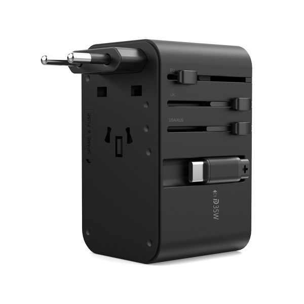 Adaptera ceļojuma lādētājs 35W ES / ASV / AUS / Lielbritānija ar iebūvētu -in USB -C kabeli -melns