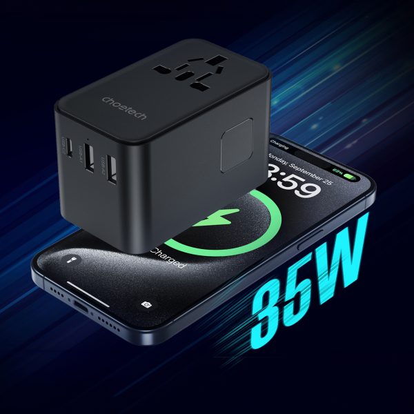 Adaptera ceļojuma lādētājs 35W ES / ASV / AUS / Lielbritānija ar iebūvētu -in USB -C kabeli -melns