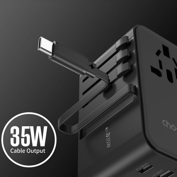 Adaptera ceļojuma lādētājs 35W ES / ASV / AUS / Lielbritānija ar iebūvētu -in USB -C kabeli -melns