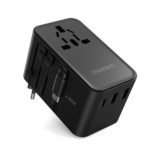 Adaptera ceļojuma lādētājs 45W ES / ASV / AUS / Lielbritānija ar iebūvētu -in USB -C kabeli -melns