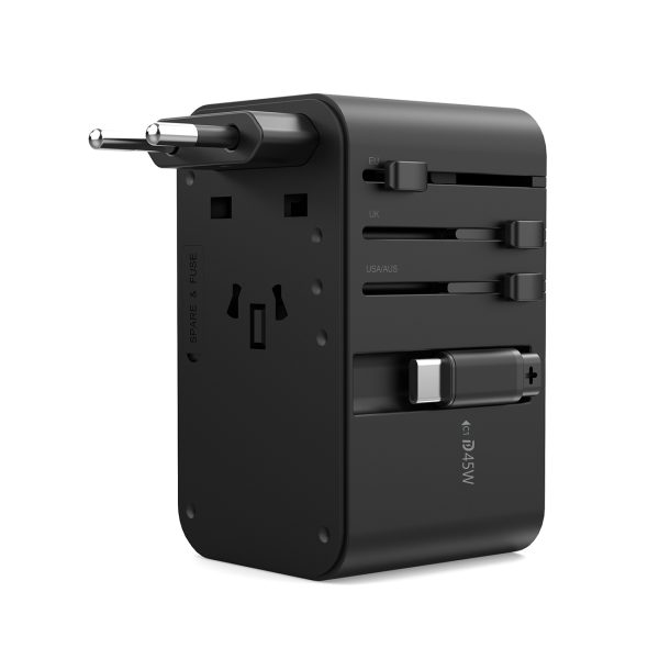 Adaptera ceļojuma lādētājs 45W ES / ASV / AUS / Lielbritānija ar iebūvētu -in USB -C kabeli -melns