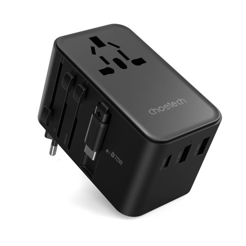 Adaptera ceļojuma lādētājs 70W ES / ASV / AUS / Lielbritānija ar iebūvētu -in USB -C kabeli -melns