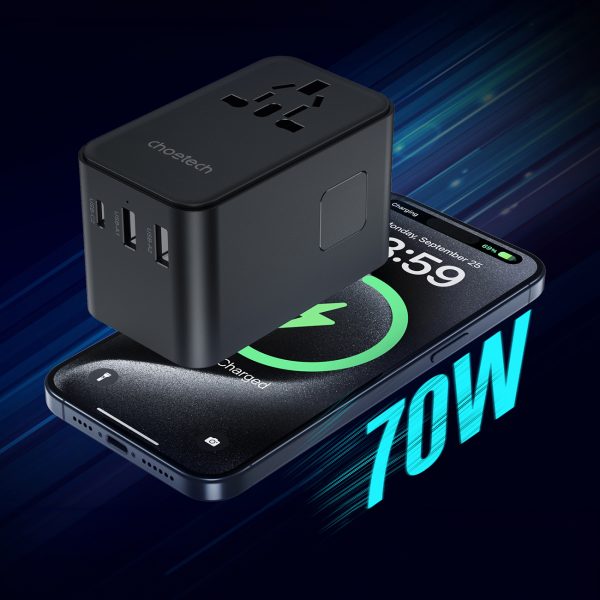 Adaptera ceļojuma lādētājs 70W ES / ASV / AUS / Lielbritānija ar iebūvētu -in USB -C kabeli -melns