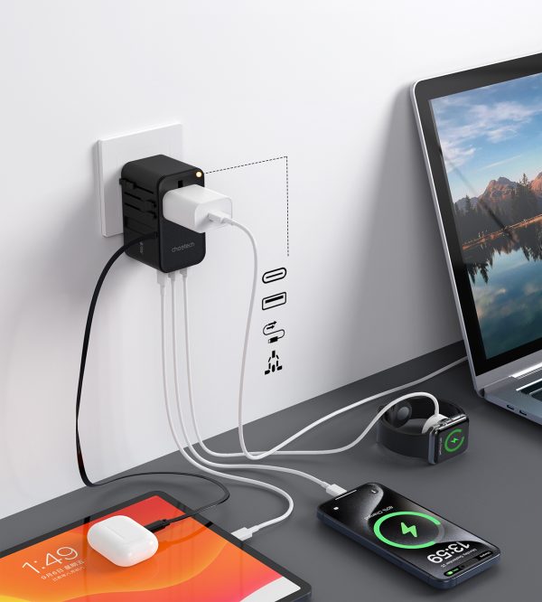 Adaptera ceļojuma lādētājs 70W ES / ASV / AUS / Lielbritānija ar iebūvētu -in USB -C kabeli -melns