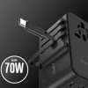 Adaptera ceļojuma lādētājs 70W ES / ASV / AUS / Lielbritānija ar iebūvētu -in USB -C kabeli -melns