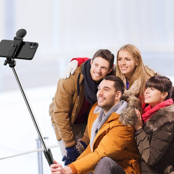 Teleskopiskais selfijs ar tālvadības pulti + LED lampas statīva stends pa tālruni 0,71m - melns
