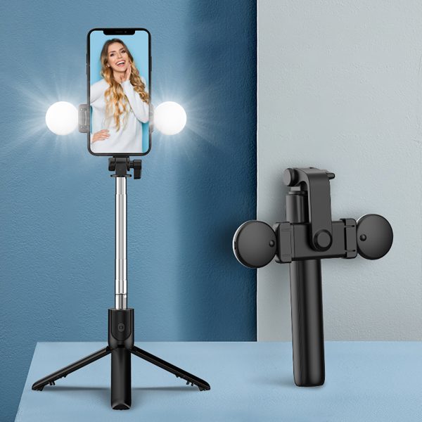 Teleskopiskais selfijs ar tālvadības pulti + LED lampas statīva stends pa tālruni 0,71m - melns