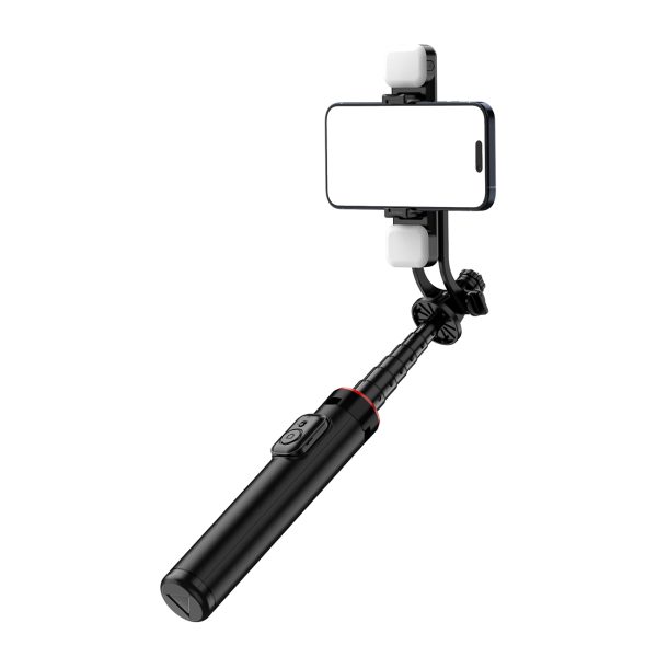 Teleskopiskais selfijs ar tālvadības pulti + 2x LED lampas statīva stends pa tālruni 1,3 m alumīnijs - melns