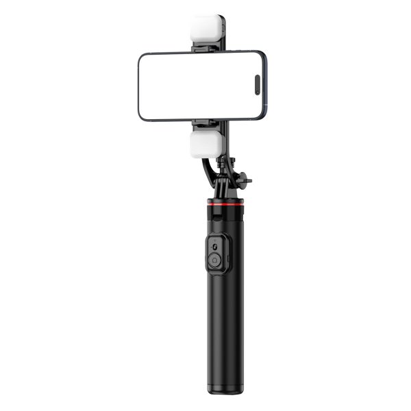 Teleskopiskais selfijs ar tālvadības pulti + 2x LED lampas statīva stends pa tālruni 1,3 m alumīnijs - melns