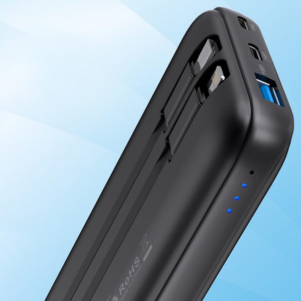 PowerBank 10000 MAH 22,5W USB-USB-C MICRO USB ar USB-C un Lightning Cable-Black
