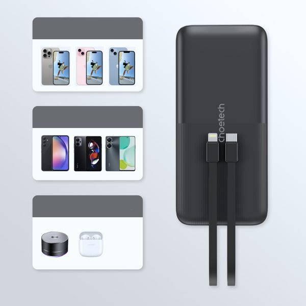 PowerBank 10000 MAH 22,5W USB-USB-C MICRO USB ar USB-C un Lightning Cable-Black