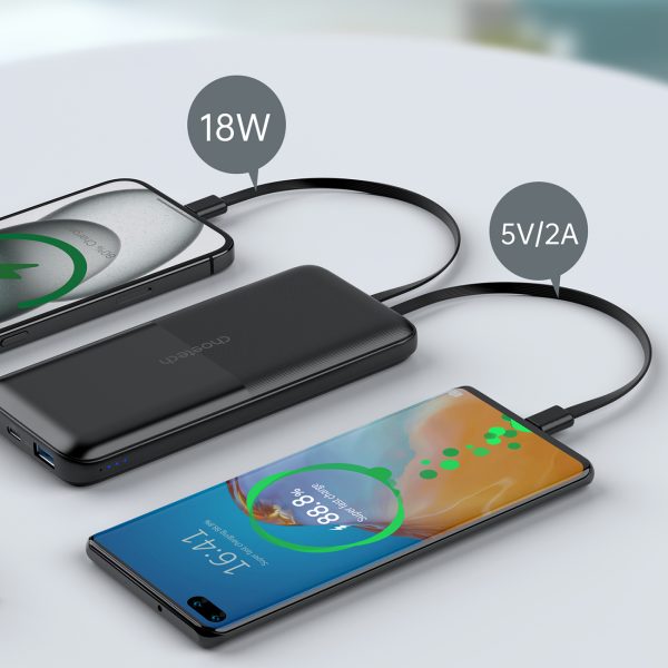 PowerBank 10000 MAH 22,5W USB-USB-C MICRO USB ar USB-C un Lightning Cable-Black