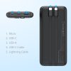 PowerBank 10000 MAH 22,5W USB-USB-C MICRO USB ar USB-C un Lightning Cable-Black