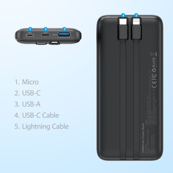 PowerBank 10000 MAH 22,5W USB-USB-C MICRO USB ar USB-C un Lightning Cable-Black
