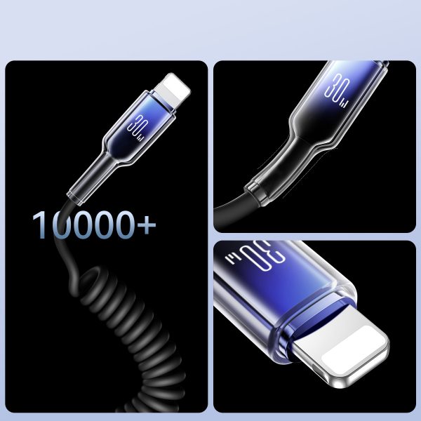 USB -C spirāles kabeļa kabelis - iPhone Lightning Crystal -Clear Series 30W 1,5m - melns