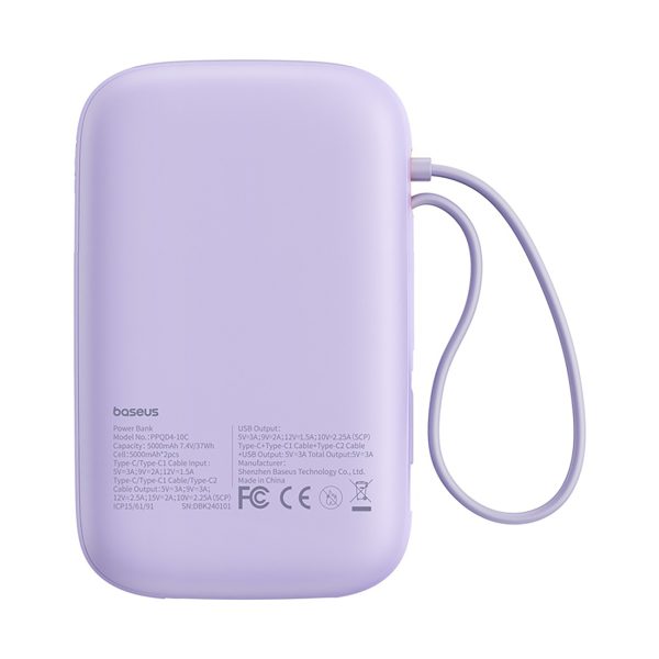 Power Bank 1000MAH QPOW 2 30W ar iebūvētiem -in USB -C kabeļiem -purpursarkanā krāsā